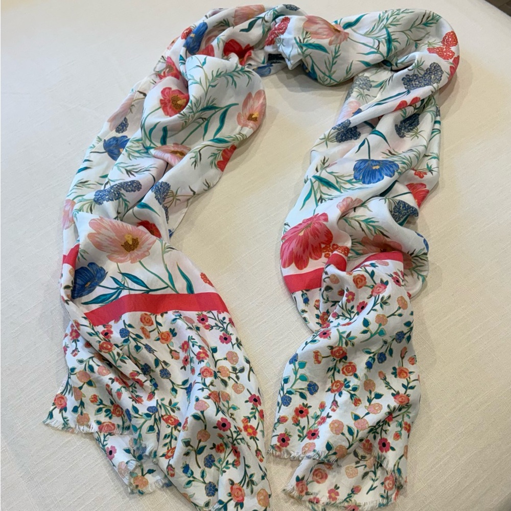 Kate Spade Lightweight Cotton-Blend Scarf - White with Pink & Blue Flowers